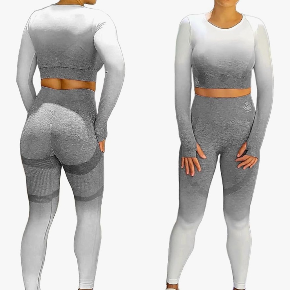 ECHT Activewear Set Leggings Gray Long Sleeve Crop Top Stretch Scrunch Bootie S